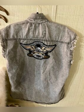 Mens Live Free Gray Denim Sleeveless Cutoff Biker Shirt Eagle